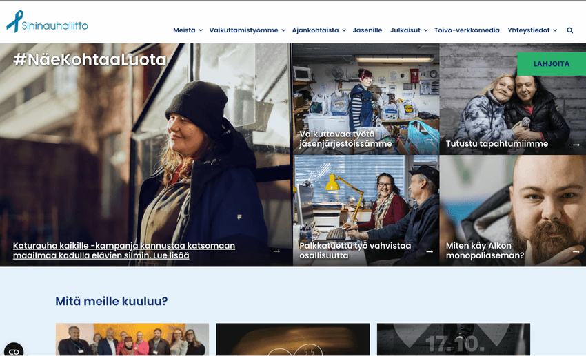 Sininauhaliiton verkkosivuston etusivu