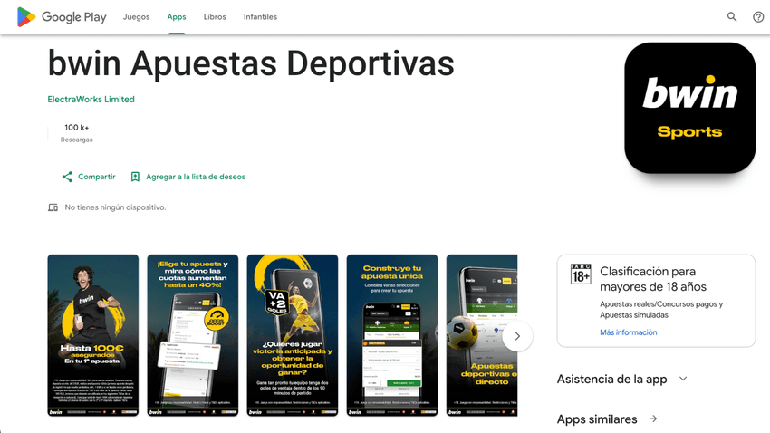 Página de la aplicación bwin en Google Play con información de descargas y capturas de pantalla.