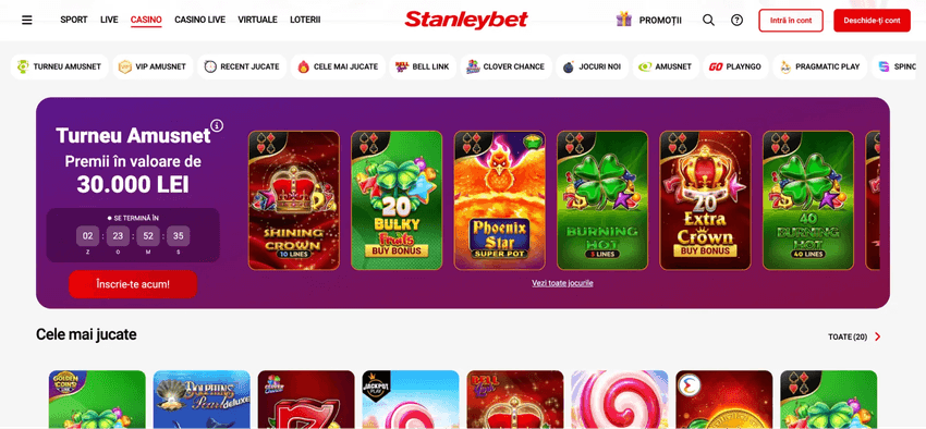 Lobby-ul Stanleybet Casino cu Turneul Amusnet de 30.000 LEI și selecția celor mai jucate sloturi