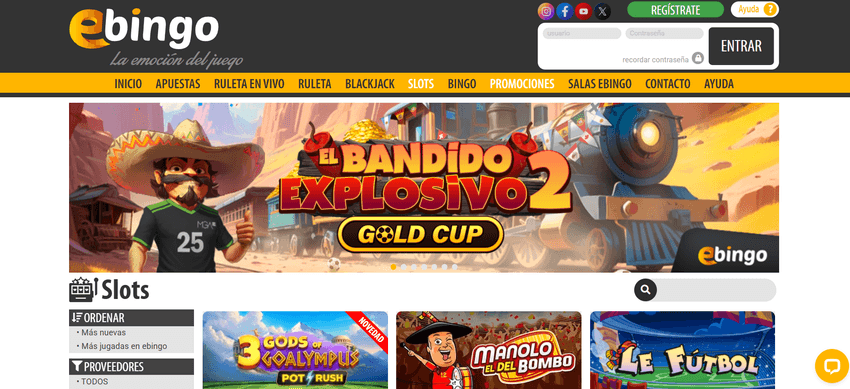 Catálogo de slots de eBingo Sección de tragaperras de eBingo con juegos destacados y filtros por proveedor.