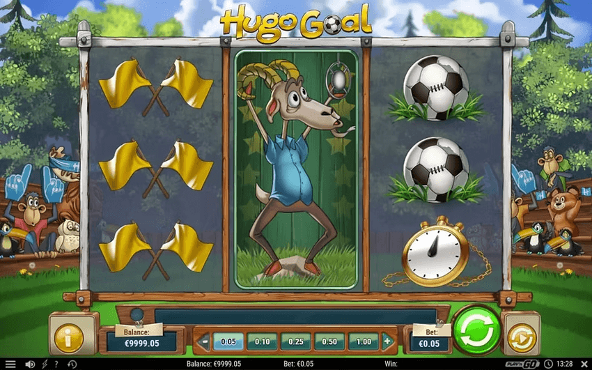 Οθόνη του Hugo Goal με πλέγμα 3×3, ποδοσφαιρικά σύμβολα και στοιβαγμένο σύμβολο χαρακτήρα.