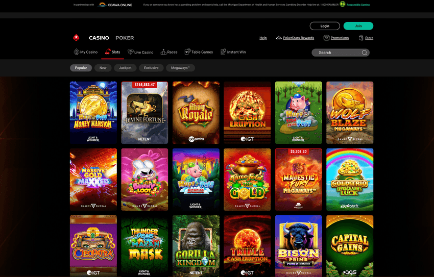 PokerStars Michigan homepage displaying legal online slots in Michigan with real-money games and tournament options