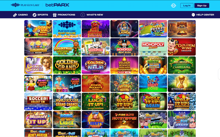 Play Gun Lake Casino Game Lobby Play Gun Lake Casino game lobby showcasing online slots, table games, jackpots, and live dealer titles.