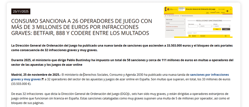 Captura de pantalla de la web oficial de la Dirección General de Ordenación del Juego (DGOJ) mostrando las sanciones aplicadas a varios operadores de juego, entre ellos, Betfair International Spain SA.