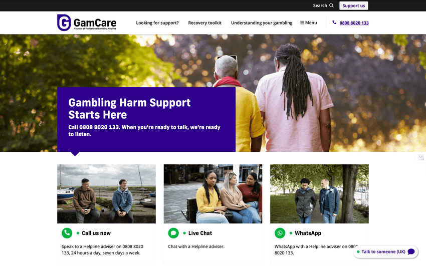 Screenshot of the GamCare website homepage showing navigation menu, support options, helpline information, and responsible gambling guidance