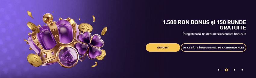 Bonusul de bun venit Casino Royale Bannerul bonusului de bun venit Casino Royale cu până la 1.500 RON bonus și 150 de rotiri gratuite.