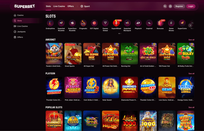 Superbet casino – διαθέσιμα παιχνίδια Συλλογή διαθέσιμων παιχνιδιών στο superbet καζίνο με slots και επιτραπέζια από πολλούς παρόχους