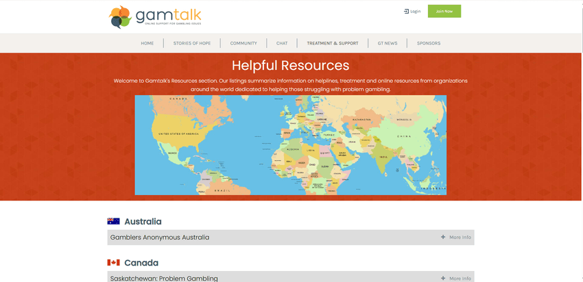 GamTalk Helpful Resources – International Helpline Directory GamTalk Helpful Resources page with a world map and links to gambling helplines in multiple countries.