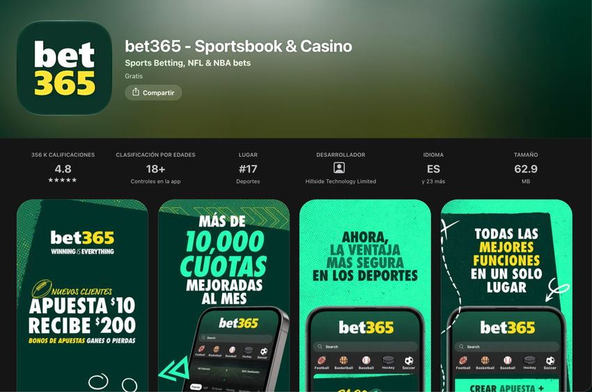 Aplicación de Bet365 para iPhone en la App Store, con apuestas deportivas y casino y clasificación para mayores de 18 años.