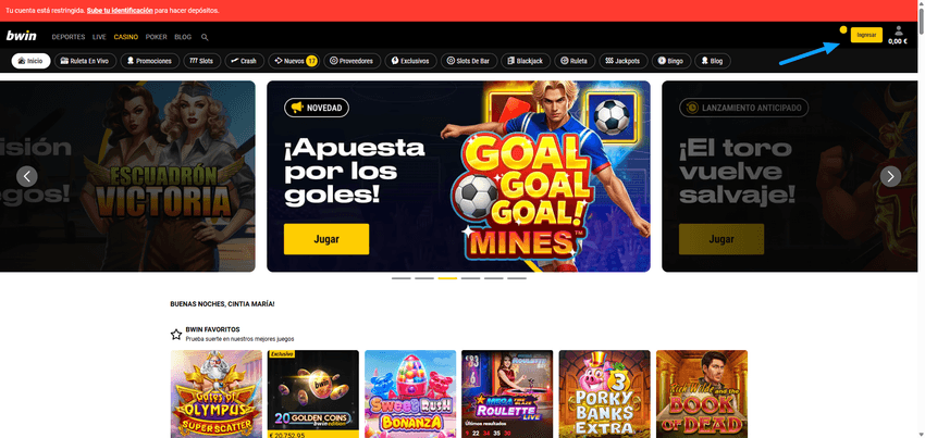 Cómo acceder al cajero de Bwin Botón de ingreso y acceso al cajero de Bwin para realizar depósitos con PayPal.