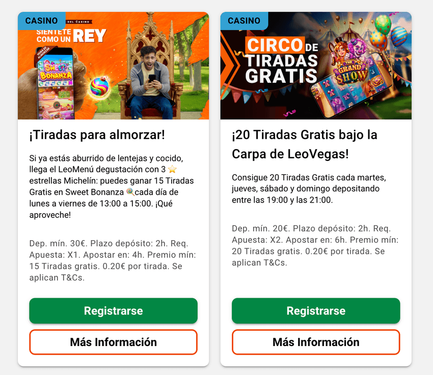 Promociones de LeoVegas con tiradas gratis y campañas temporales para jugadores registrados.