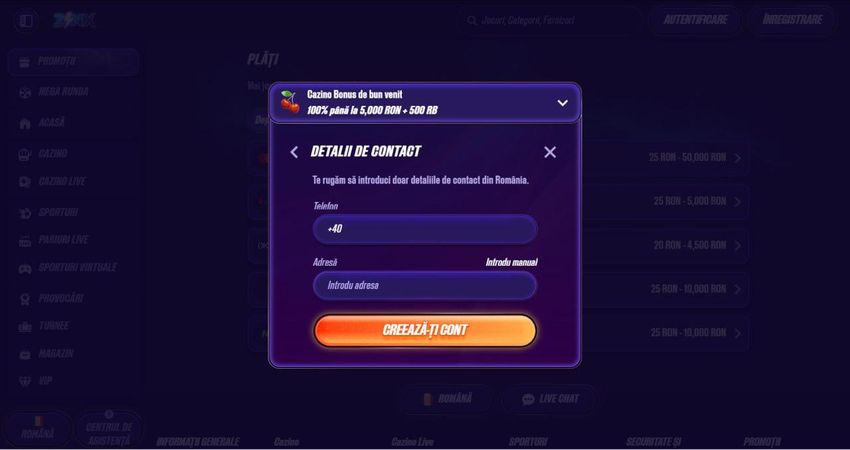 Fereastra de înregistrare Zinx Casino pentru crearea contului