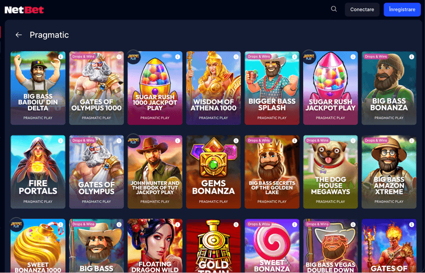 Jocuri Pragmatic Play la NetBet, inclusiv Gates of Olympus, Sugar Rush, Big Bass și titluri Drops & Wins.