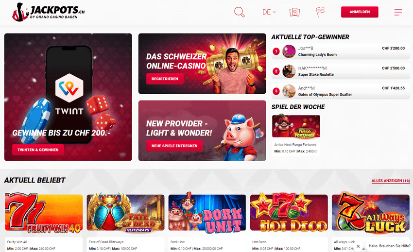 Jackpots.ch – Offizielle Schweizer Online-Casino-Website Screenshot von der offiziellen Website von Jackpots.ch, mit Spielautomaten und Casinospielen.
