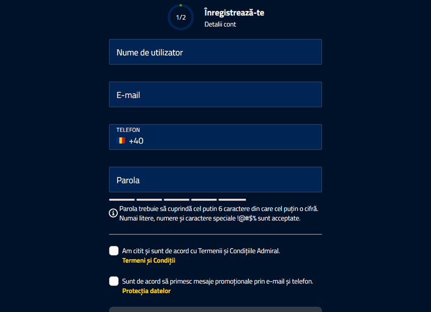 Formular înregistrare AdmiralBet cu date personale și parolă
