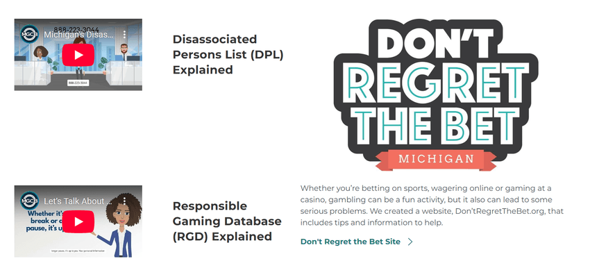 Screenshot of MGCB Responsible Play page for Michigan players