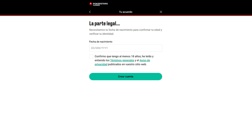 Formulario de confirmación de mayoría de edad y aceptación de términos en PokerStars.