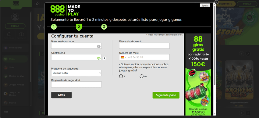 Crear usuario en 888casino Formulario de registro en 888casino solicitando usuario, contraseña, email y número de móvil.