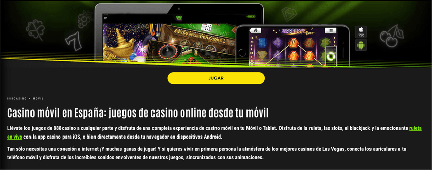Página informativa de 888 Casino sobre el juego desde dispositivos móviles