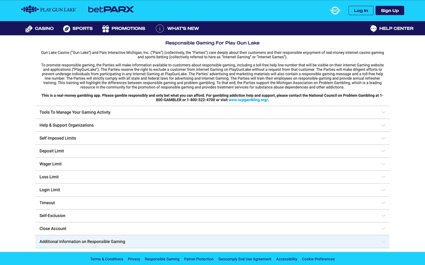 Screenshot of the Responsible Gambling information page at Play Gun Lake Michigan Casino