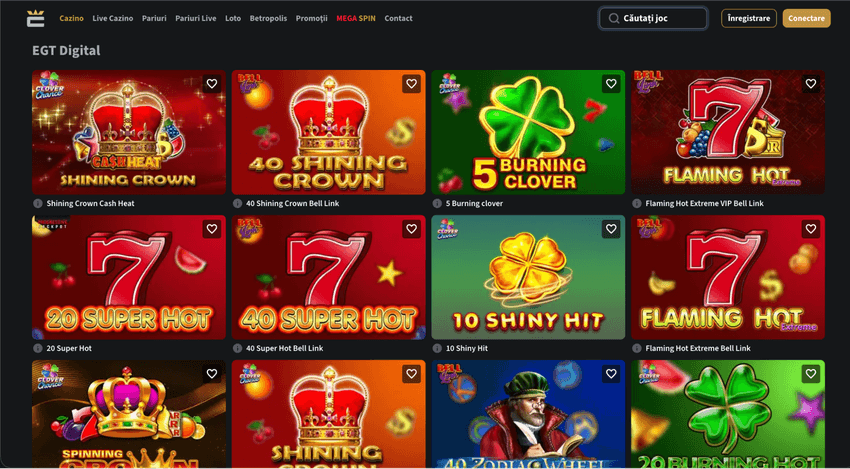 Selecție de jocuri EGT Digital la Conti Cazino Selecție de jocuri EGT Digital cu Shining Crown, 40 Shining Crown, 5 Burning Clover, Flaming Hot și 20 Super Hot.