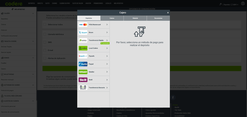 Métodos de pago en Codere Ventana del cajero en Codere con métodos de pago disponibles.