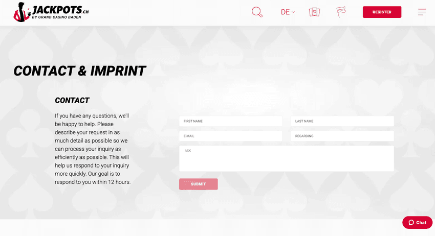 Jackpots.ch Support Kontaktformular im Jackpots.ch Casino