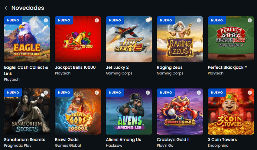 Sección de juegos nuevos en Casino777 Panel de novedades y estrenos recientes en Casino777, ilustrando miniaturas de juegos recién añadidos como Eagle Cash Collect, Jackpot Bells 10000, Jet Lucky 2, Raging Zeus y Perfect Blackjack.