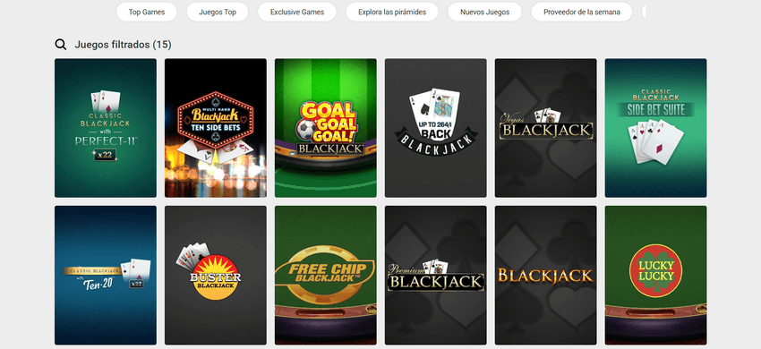Catálogo de juegos de blackjack de Interwetten Casino con 15 títulos disponibles