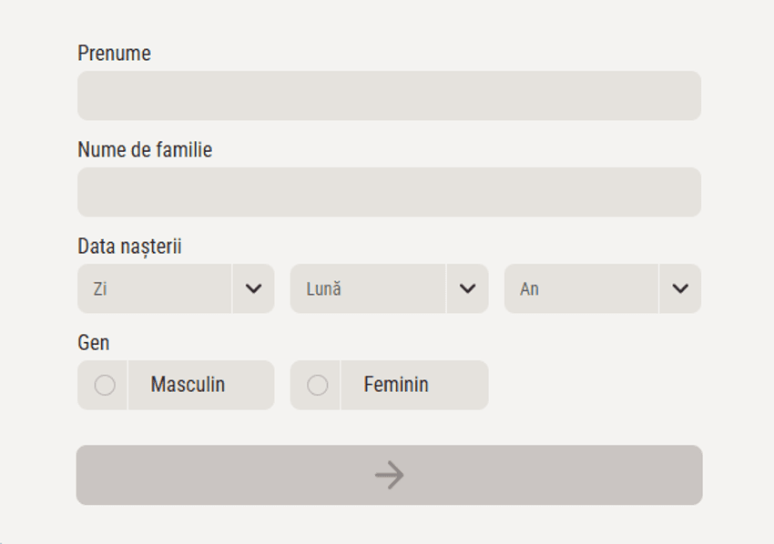 Formular de înregistrare cu date personale utilizator