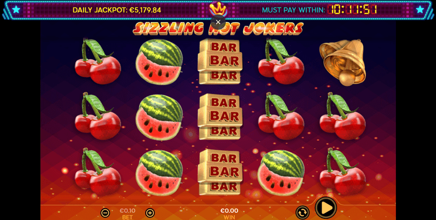 Simboluri clasice fructe și BAR în slotul Sizzling Hot Jokers cu jackpot progresiv afișat.