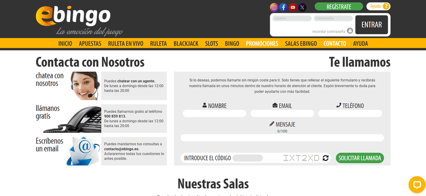 Atención al cliente de eBingo Página de contacto de eBingo con chat, teléfono gratuito, correo electrónico y formulario de devolución de llamada.