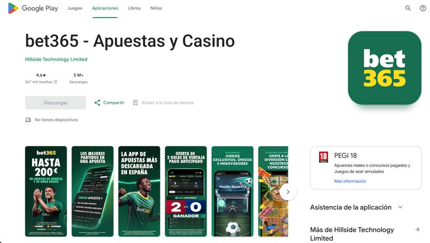 Aplicación de Bet365 para Android en Google Play España, desarrollada por Hillside Technology Limited y con clasificación PEGI 18.