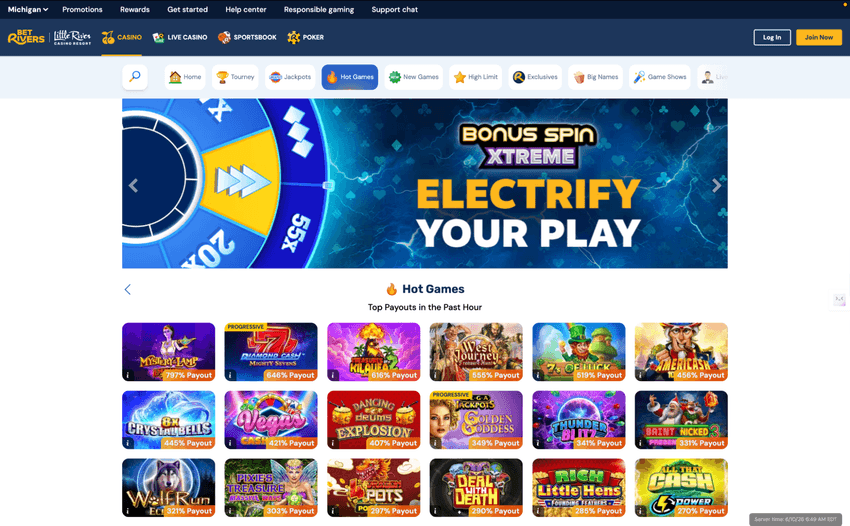 BetRivers Michigan casino games lobby featuring slots, table games, and live dealer titles