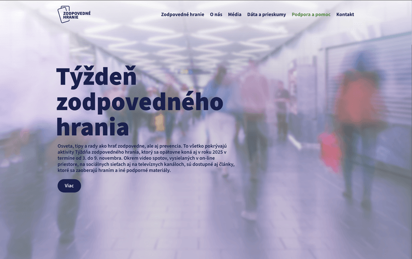 Screenshot stránky Týždeň zodpovedného hrania s informáciami o kampani, aktivitách a osvete zameranej na prevenciu problémového hráčstva