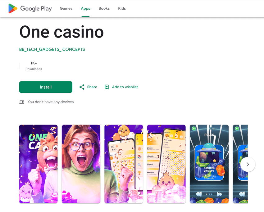 Screenshot van de One Casino app in de Google Play Store