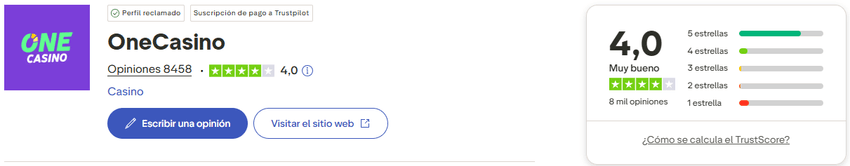 Opiniones OneCasino Valoración de OneCasino en Trustpilot con puntuación de 4 sobre 5 estrellas