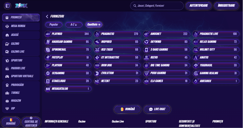 Lista furnizorilor de jocuri disponibili în Zinx Casino