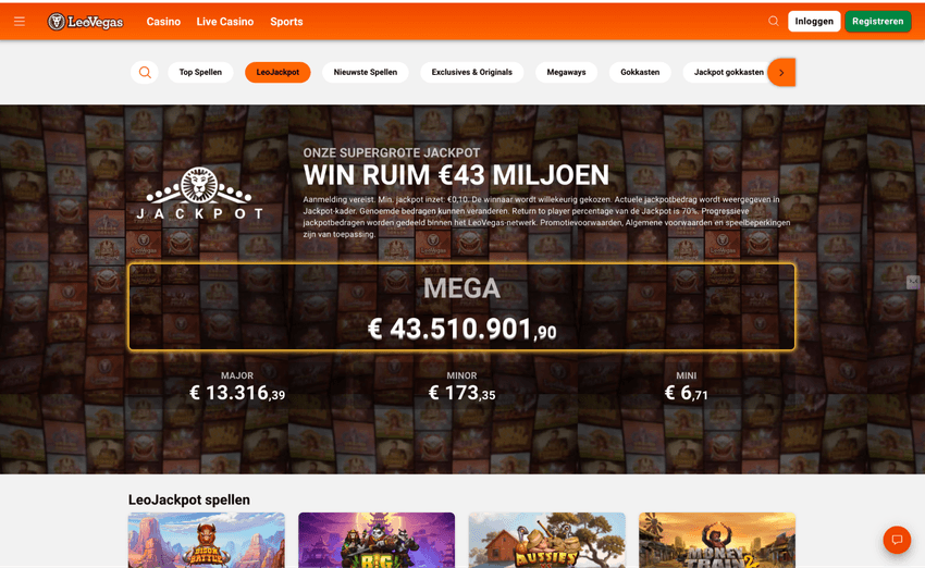 Screenshot van de jackpot games pagina van LeoVegas Casino