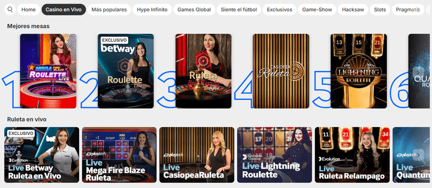 Interfaz del vestíbulo de Casino en Vivo de Betway España en la que se aprecia el menú superior de categorías y un listado numerado con las mejores mesas de ruletas en directo de Playtech y Evolution Gaming, incluyendo títulos exclusivos.