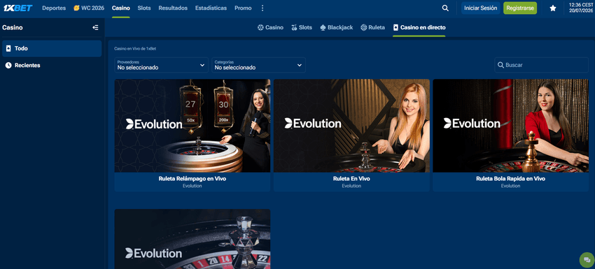 Catálogo de casino en vivo de 1xBet con ruletas en directo de Evolution y filtros por proveedor.