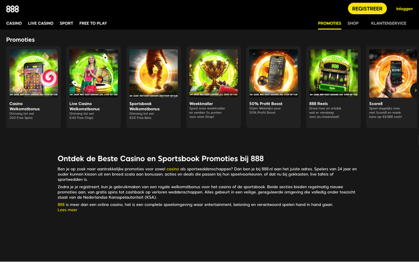 888 Casino bonussen en promoties voor Nederlandse spelers Screenshot van de bonuspagina van 888 Casino met promoties en aanbiedingen