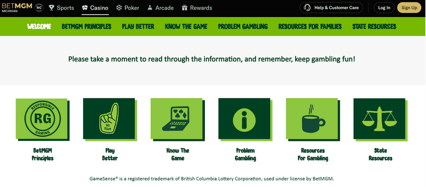 Screenshot of BetMGM Michigan responsible gambling page