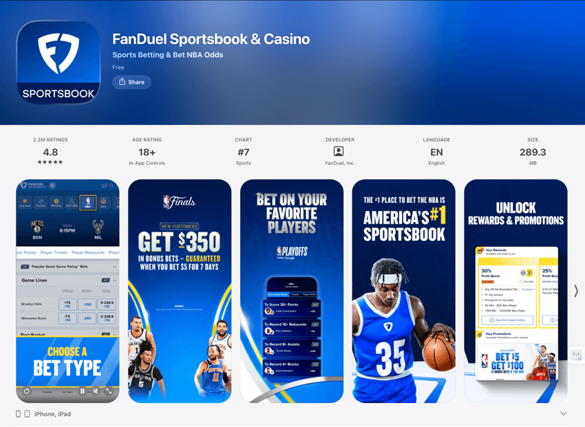 FanDuel Casino app listing on the Apple App Store displaying app information, ratings, and download options.