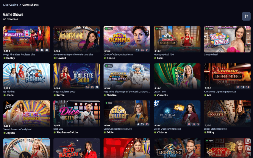 Game Shows στη Stoiximan Κατηγορία Game Shows της Stoiximan με 63 παιχνίδια, όπως Crazy Time, Ice Fishing, Mega Roulette 3000 και Greek Quantum Roulette.