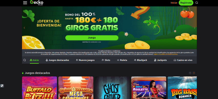 Página principal de GeckoPlay Casino España Página principal de GeckoPlay Casino España con bono de bienvenida y menú de juegos