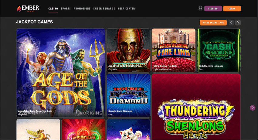 Ember Casino jackpot games section featuring titles such as Age of the Gods and Fire Link jackpot slots.