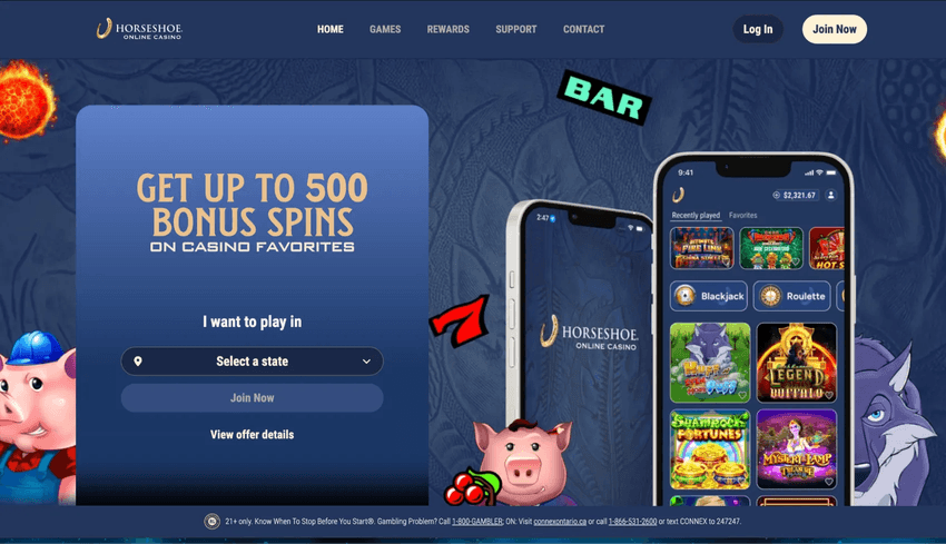 Horseshoe Online Casino welcome page displaying its bonus spins offer and mobile casino interface.