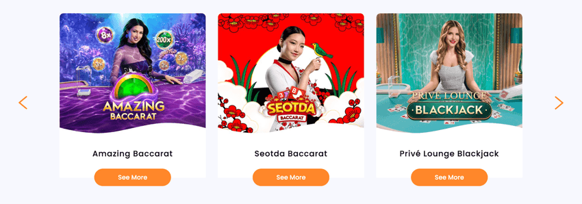 Live παιχνίδια Amazing Baccarat, Seotda Baccarat και Privé Lounge Blackjack με ζωντανούς dealers.