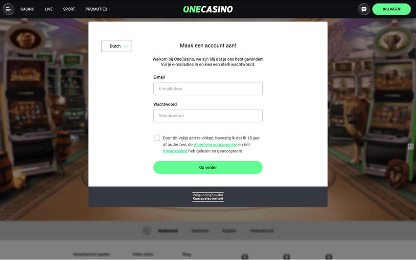 Screenshot van het registratieproces bij One Casino